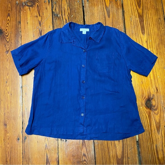 Coldwater Creek Oversized Linen Camp Shirt Size LP Indian Ink Blue Button Down - Picture 1 of 10